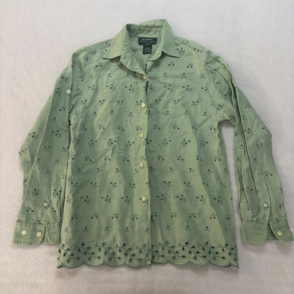 Lauren Ralph Lauren Petite Green Linen Eyelet Scalloped Button Down Shirt P/P